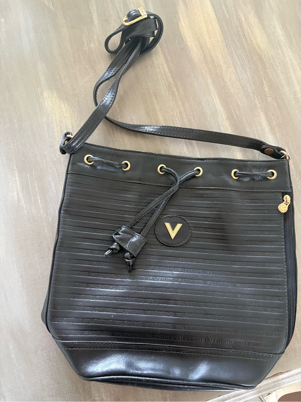 Valentino Black Leather Drawstring Shoulder Bag with Gold Hardware